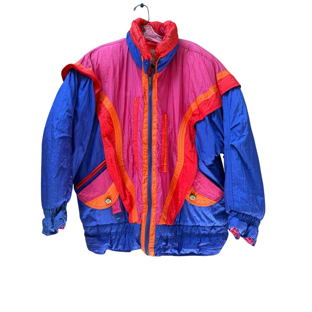 Vintage Giacca 80s Colorblock Ski Jacket Pink Blue Orange Retro Puffer Coat